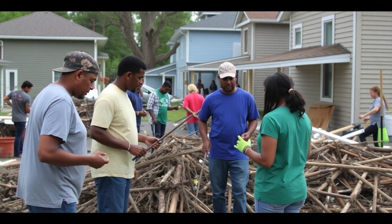 A community coming together to help each other rebuild after a storm, with neighbors working together to clear debris and repair homes.