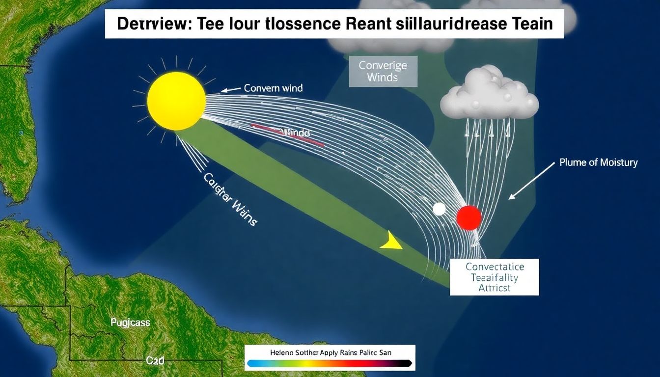 An illustration showing the weather pattern leading to extreme pre-hurricane rainfall across the Southern Appalachians during Helene, with converging winds, a plume of moisture, and uplift causing heavy rain.