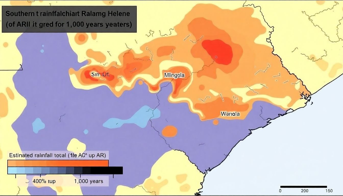 A map of the southern Appalachians with estimated rainfall totals from Helene, showing areas with ARI greater than 1,000 years in black.