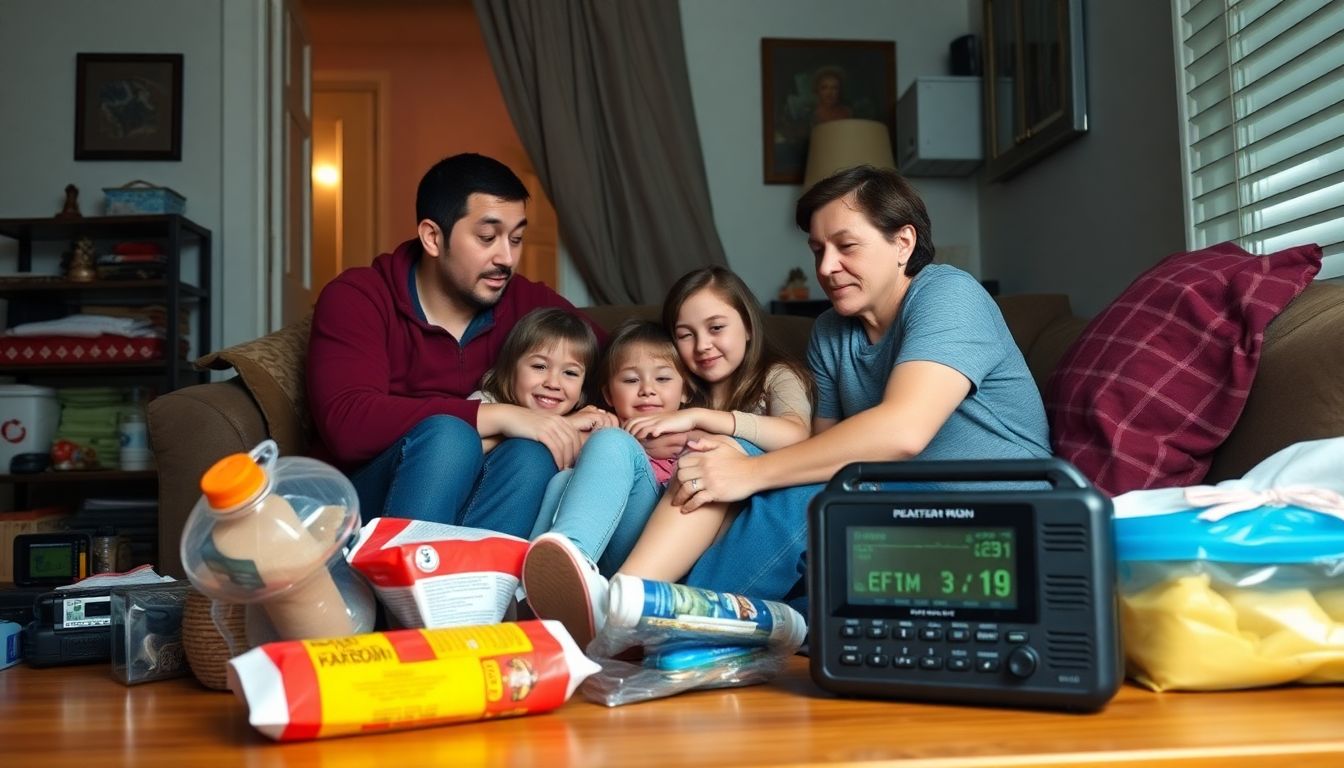 A family huddled together in their home during a storm, with emergency supplies nearby and a weather radio providing updates.