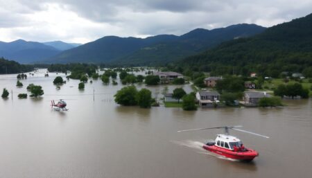 A powerful image of flooding in the Southern Appalachians caused by Hurricane Helene, with mountains, trees, and homes submerged in water, and a helicopter or rescue boat in the foreground.