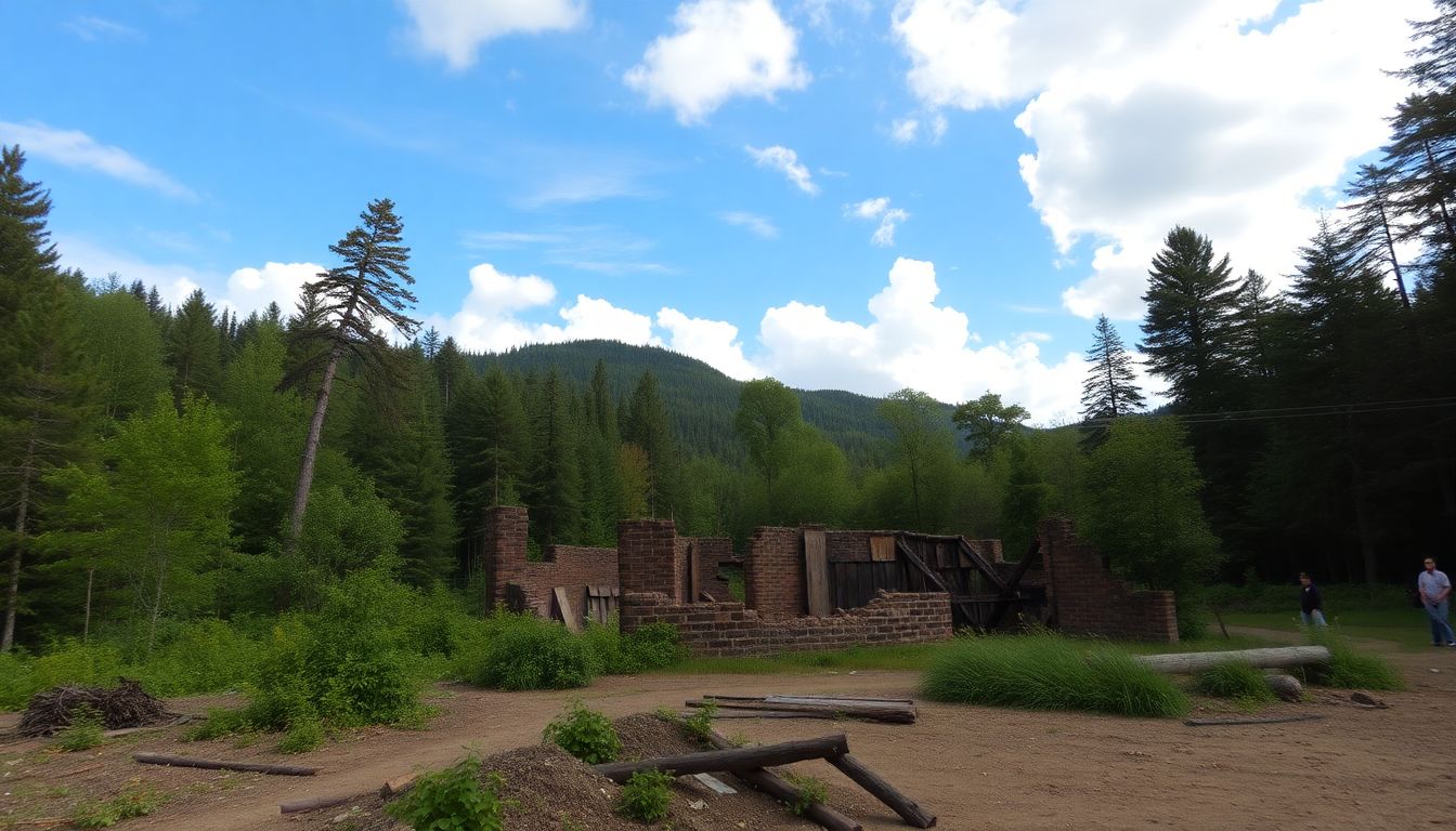 A wide shot of the Cloud Wood site, showcasing its natural beauty, with a focus on the damaged area in the foreground.