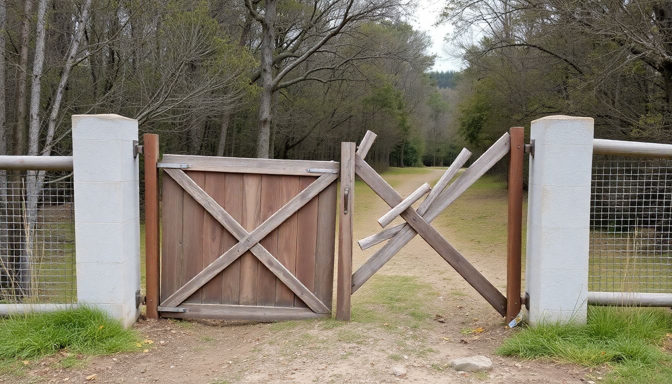 A close-up of the damaged gates and fences at the reserve's entrance.