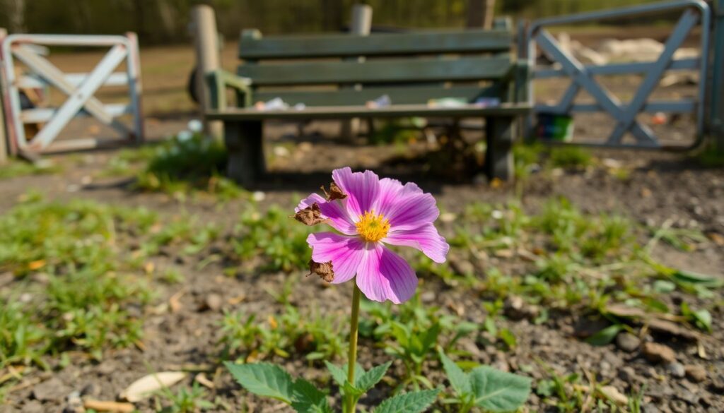 A close-up shot of a damaged wildflower at the Cloud Wood site, with the memorial bench in the background, surrounded by the aftermath of the incident, including vehicle ruts and damaged gates.