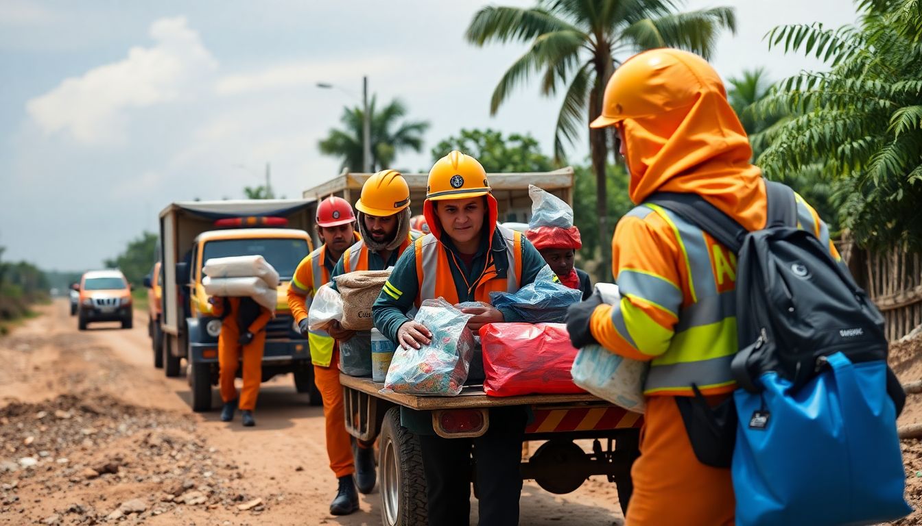 Show emergency services delivering food and water, clearing roads, and searching for the missing, with a focus on the urgency and scale of the operations.