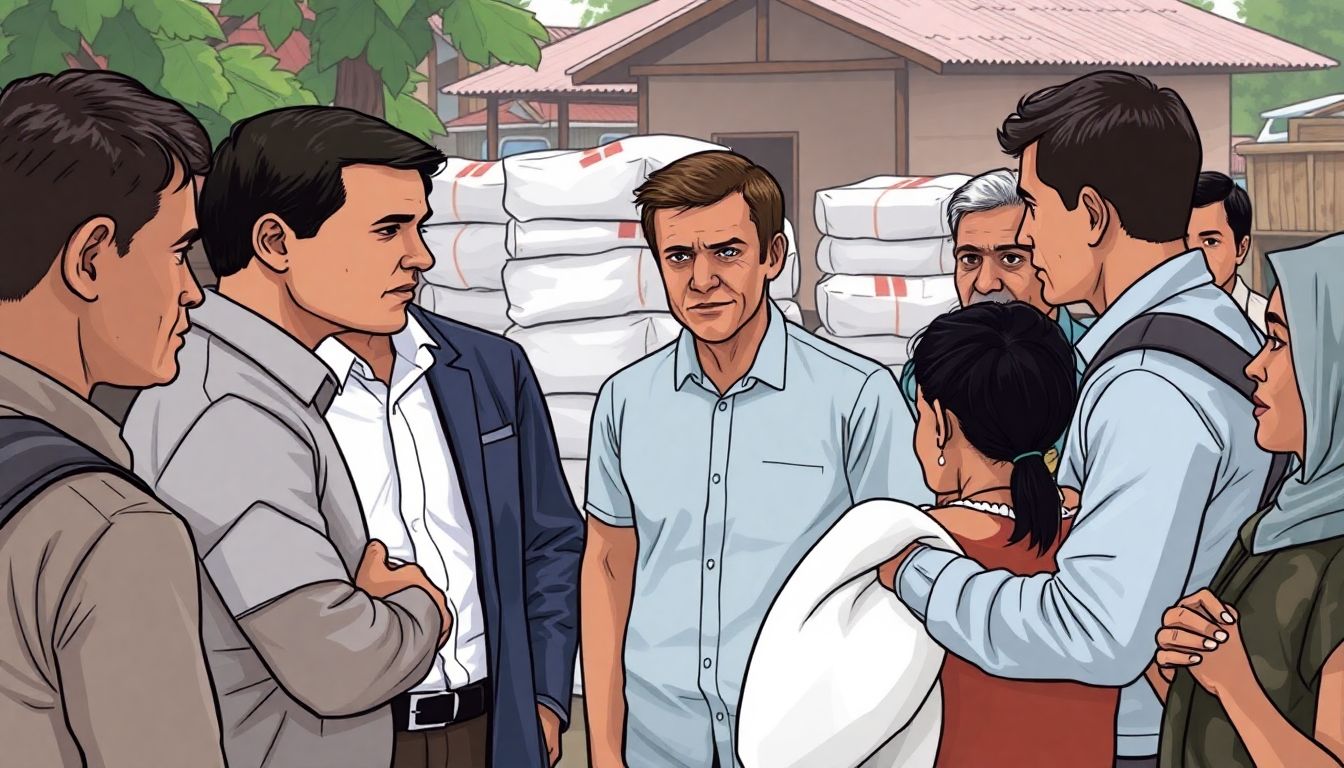 Illustrate Macron meeting with local officials and survivors, with relief supplies being distributed in the background.