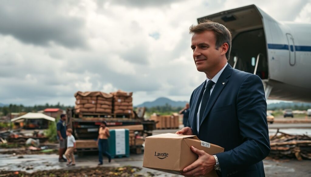 Create an image of Emmanuel Macron arriving in Mayotte, with relief supplies being unloaded from a plane in the background, and cyclone-ravaged landscapes surrounding the scene.