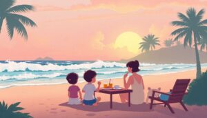 Create an illustration of a serene beachfront with a family enjoying their breakfast, unaware of the impending tsunami, with a subtle hint of the disaster to come.