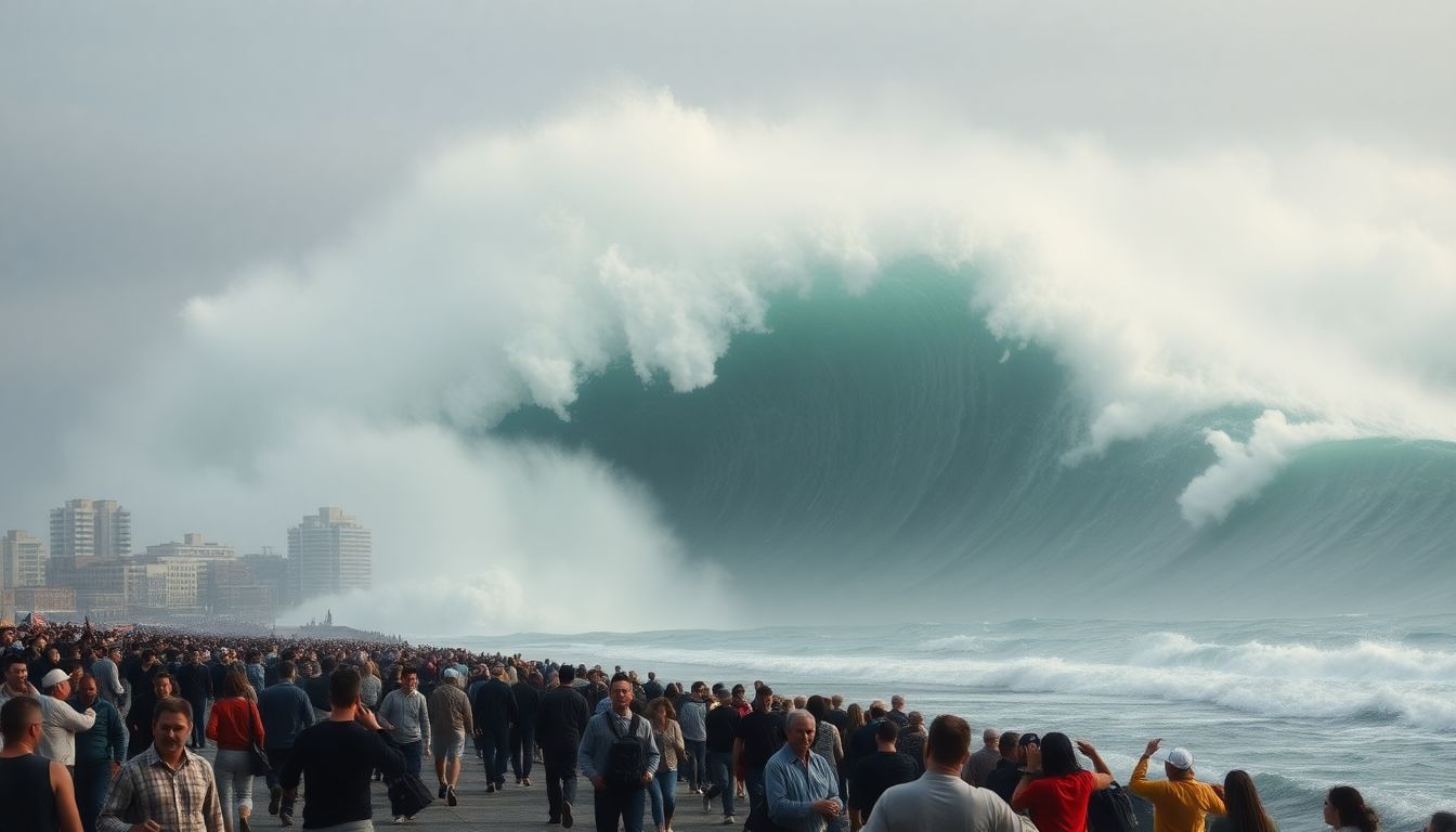 Generate an image of a massive wave approaching a coastal city, with people frantically trying to escape.