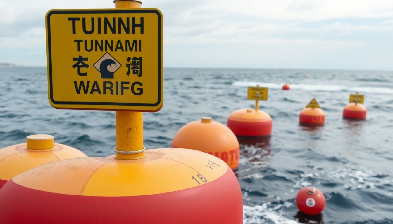 Create an image of a modern tsunami warning system, with buoys in the ocean and evacuation signs on the coast.