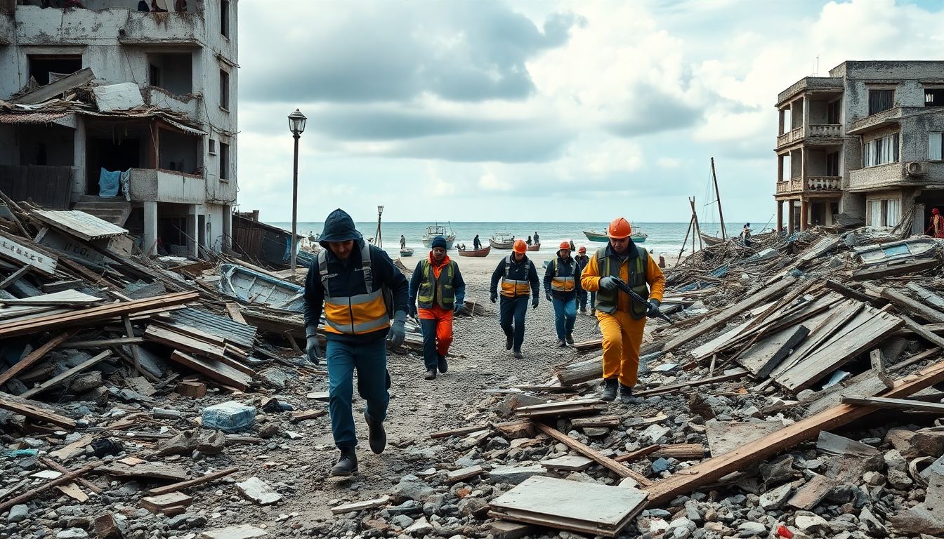 Create an image of relief workers searching through the debris, with a backdrop of destroyed buildings and beached boats.