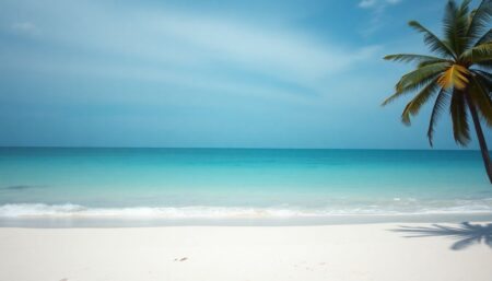 Create an image of a serene beach in Southeast Asia, with a subtle, almost invisible line on the horizon hinting at the approaching tsunami, symbolizing the calm before the storm.