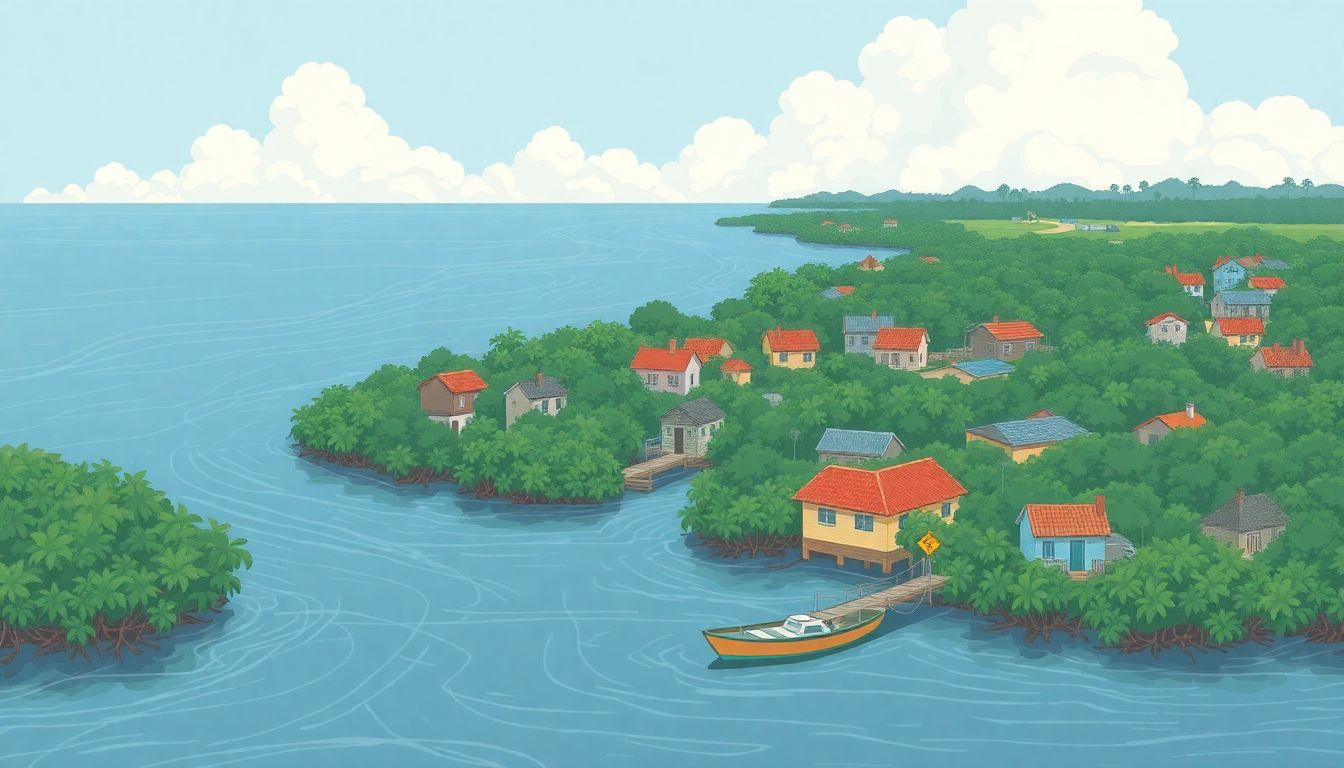 Illustrate a coastal community protected by mangroves, with signs of strong infrastructure and preparedness.