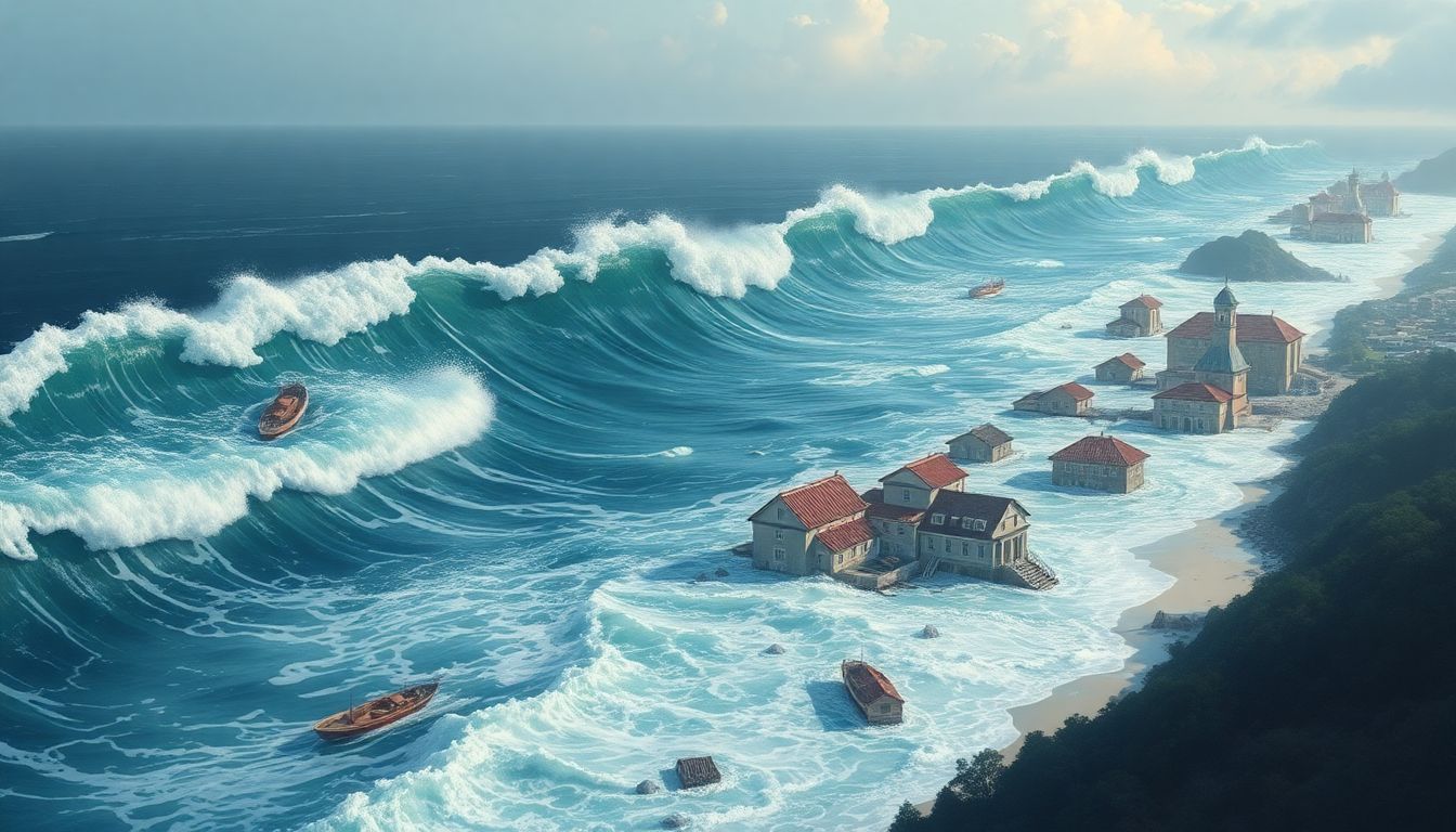 Illustrate the tsunami's impact on coastal communities, showing the devastation and the initial rescue efforts.