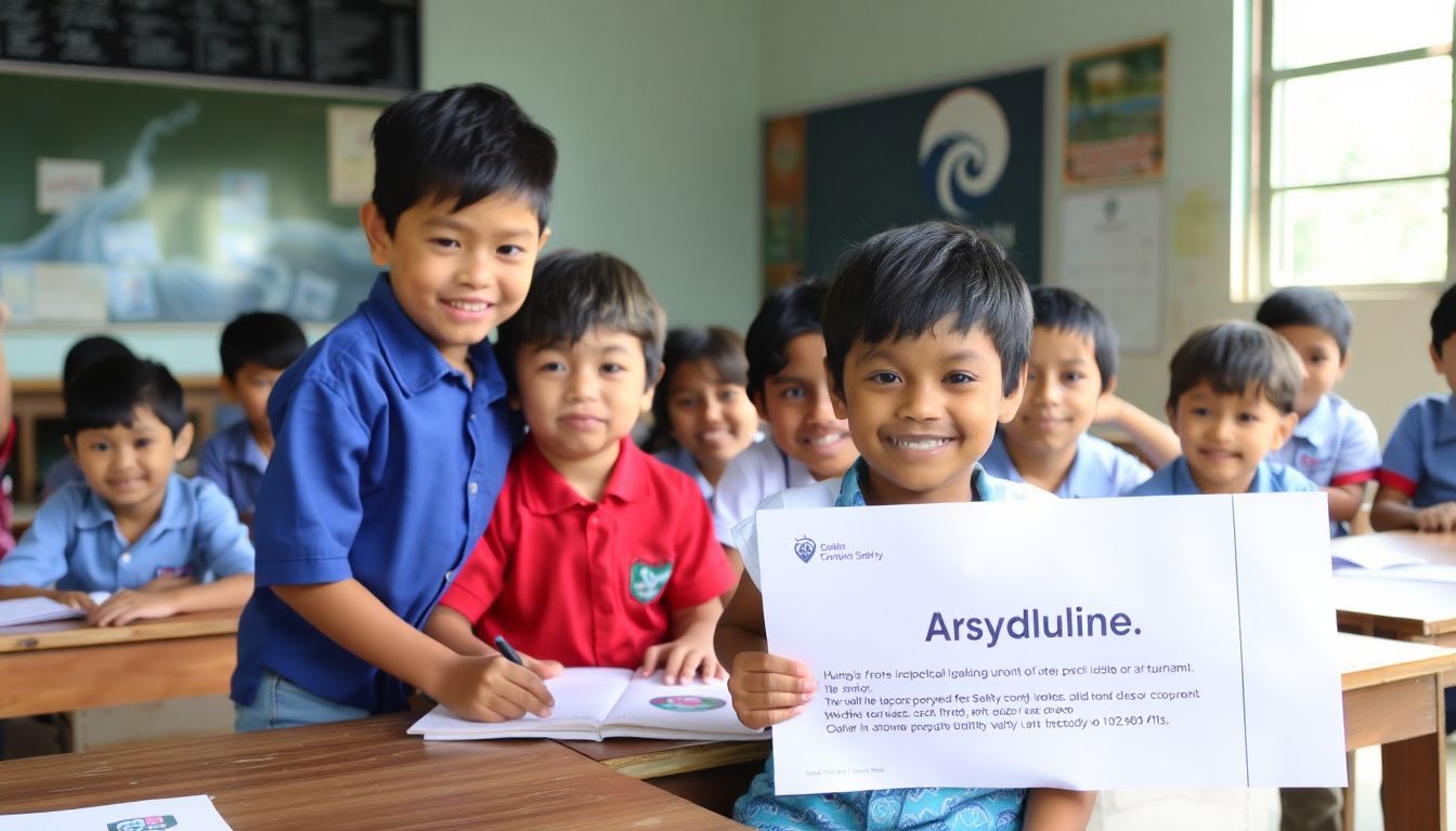 Depict children in a classroom learning about tsunami safety, with an emphasis on practical skills and community involvement.