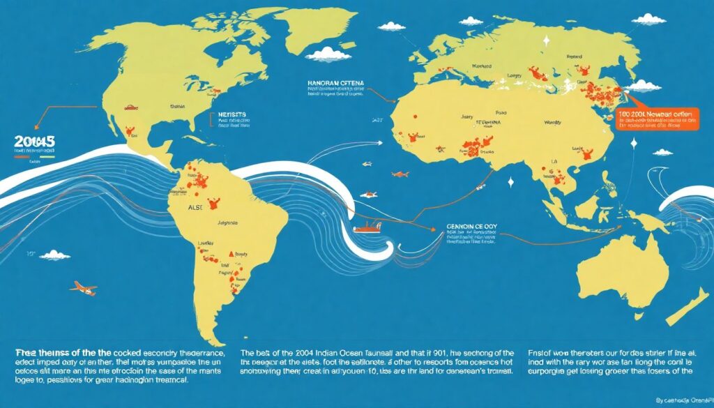 Create an illustration depicting the global impact of the 2004 Indian Ocean tsunami, highlighting the affected regions and the international cooperation that followed.