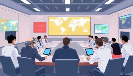 An illustration of a large conference room with officials from various sectors gathered around a table, discussing strategies and simulations for natural disaster and emergency readiness. The room should have a modern, professional atmosphere with maps, charts, and digital displays showing various emergency scenarios.