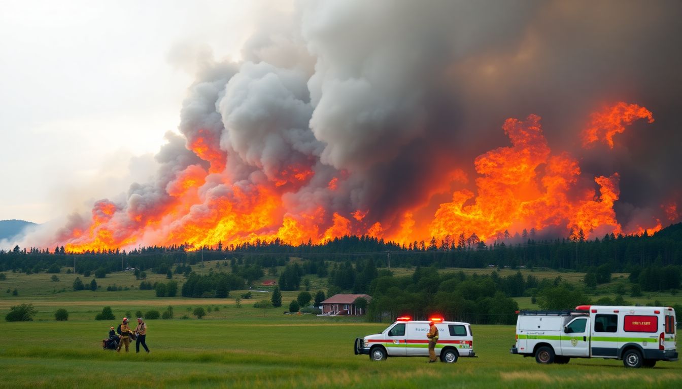 Generate an image of raging wildfires consuming acres of land, with firefighters and emergency vehicles in the foreground.