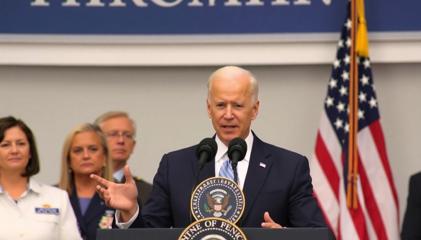 Generate an image of President Joe Biden addressing a press conference with FEMA officials, discussing the disaster declaration and recovery efforts.