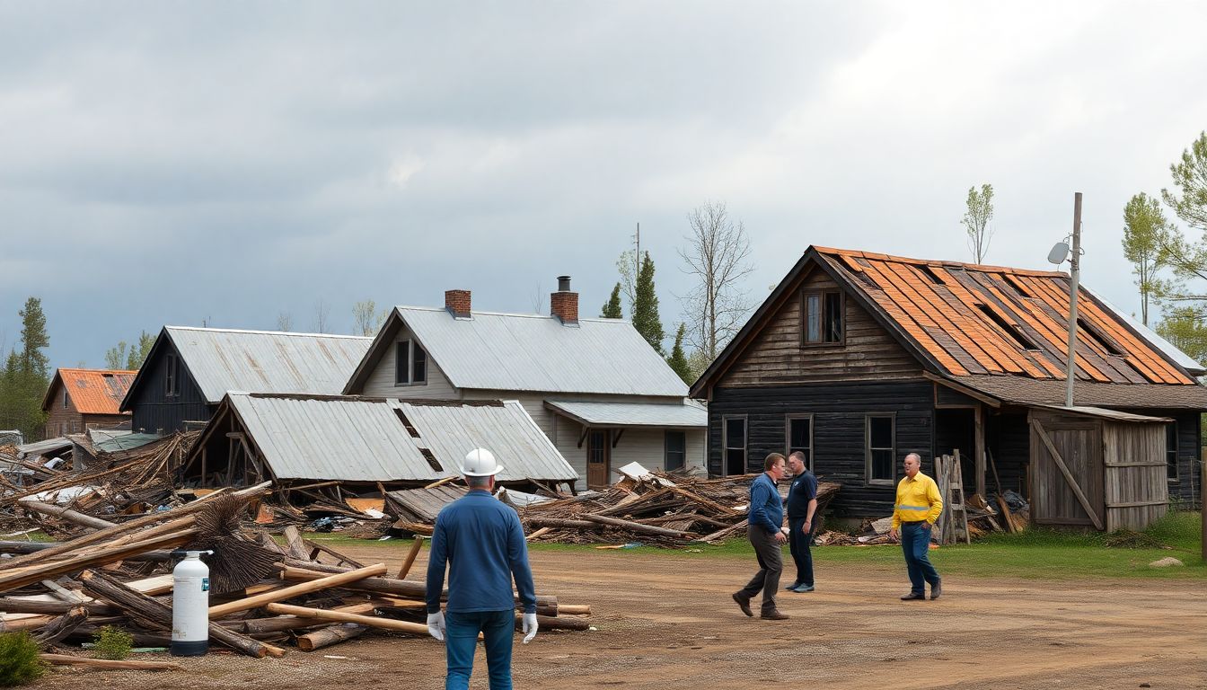 Generate an image of destroyed homes and outbuildings, with community members and first responders assessing the damage.