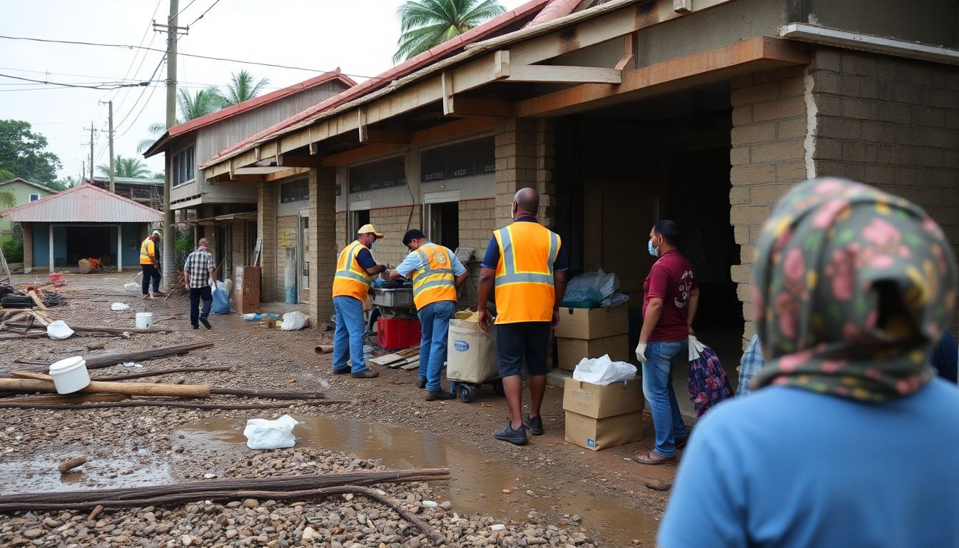 Generate an image of recovery efforts in progress, with workers repairing damaged infrastructure and community members receiving assistance.