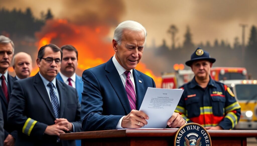 Generate an image of President Joe Biden signing a document with the FEMA logo visible, surrounded by officials and first responders, with a backdrop of wildfires and emergency vehicles.