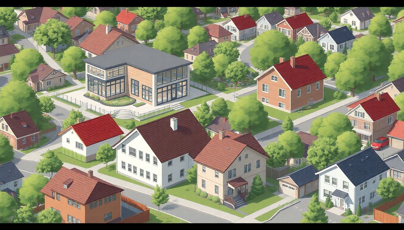 Illustrate a newly rebuilt neighborhood with larger, modern houses contrasting with the surrounding older, smaller homes.