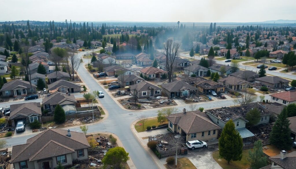 Generate an image of a suburban neighborhood devastated by a wildfire, with new, larger homes being constructed amidst the ruins.