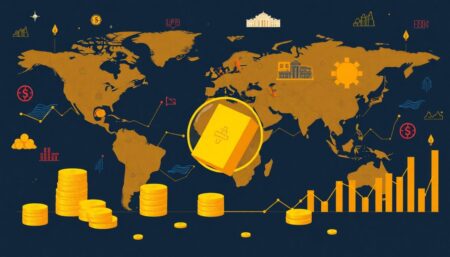 Create an engaging and informative illustration that captures the essence of global market risks and the role of gold as a hedge against financial uncertainties.