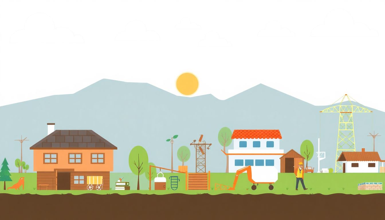 Create an image that illustrates modern disaster recovery efforts, such as eco-friendly housing and microgrids, alongside traditional engineering solutions.