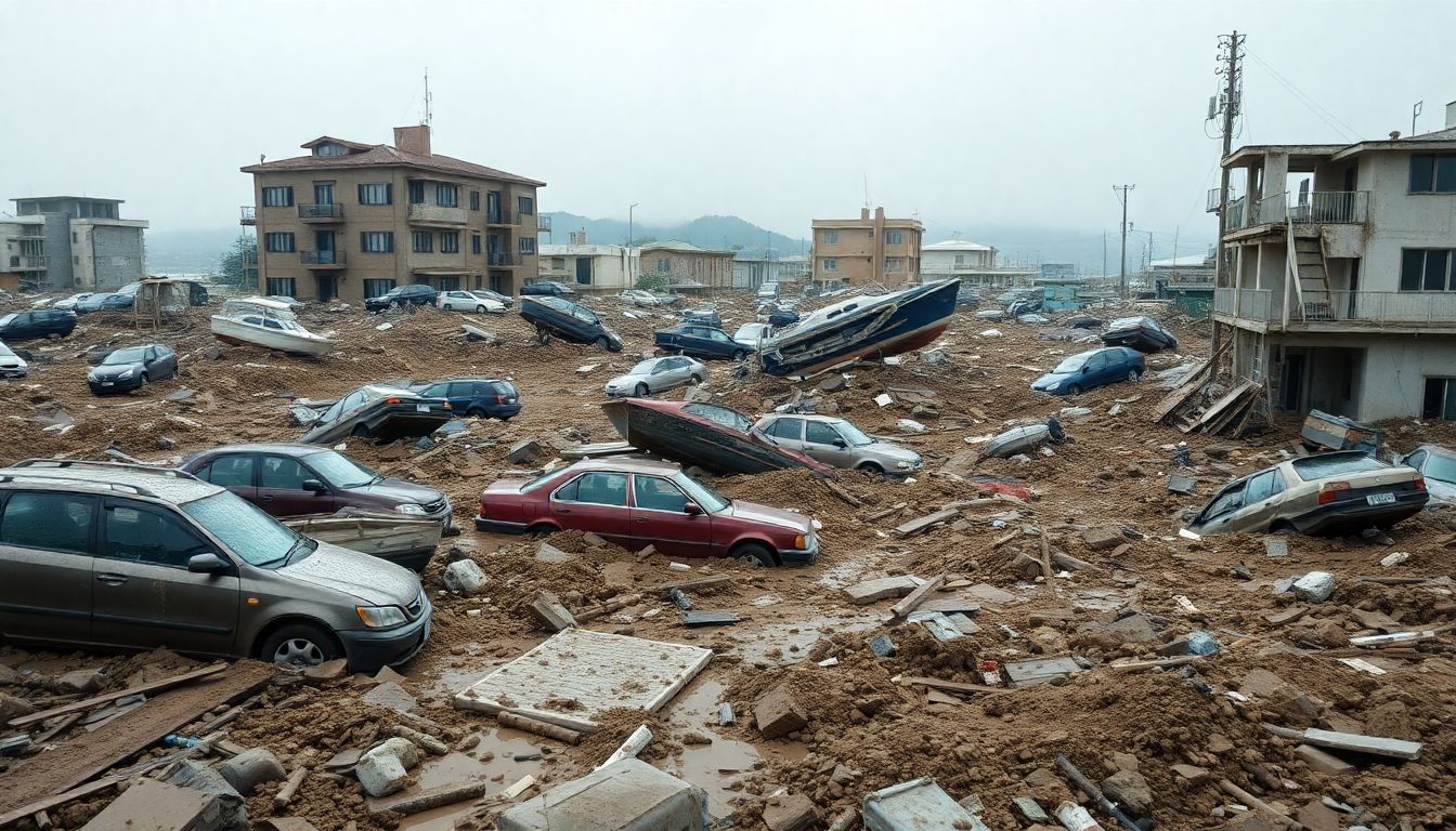 Create an image that depicts the vast debris field left by the tsunami, with half-buried cars, boats, and buildings amidst the mud.