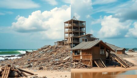 Generate an image that captures the devastation caused by the 2004 Indian Ocean tsunami, contrasting it with the resilient rebuilding efforts that followed, showcasing both the destruction and the hope for a better future.