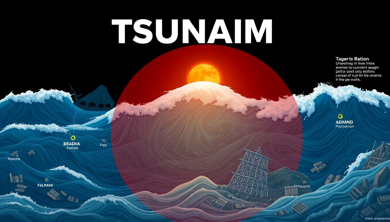 An illustration depicting the vast reach of the tsunami, showing affected countries and the destruction it caused.