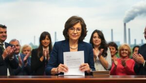 Generate an image of New York Governor Kathy Hochul signing a document with a determined expression, surrounded by environmental advocates and lawmakers applauding. In the background, a faint image of a thriving green landscape contrasts with a faded memory of industrial smokestacks.