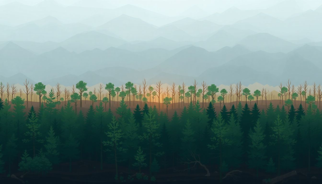 Illustrate a time-lapse of a forest recovering from a storm, showing the gradual regrowth of trees and the return of wildlife over several years.