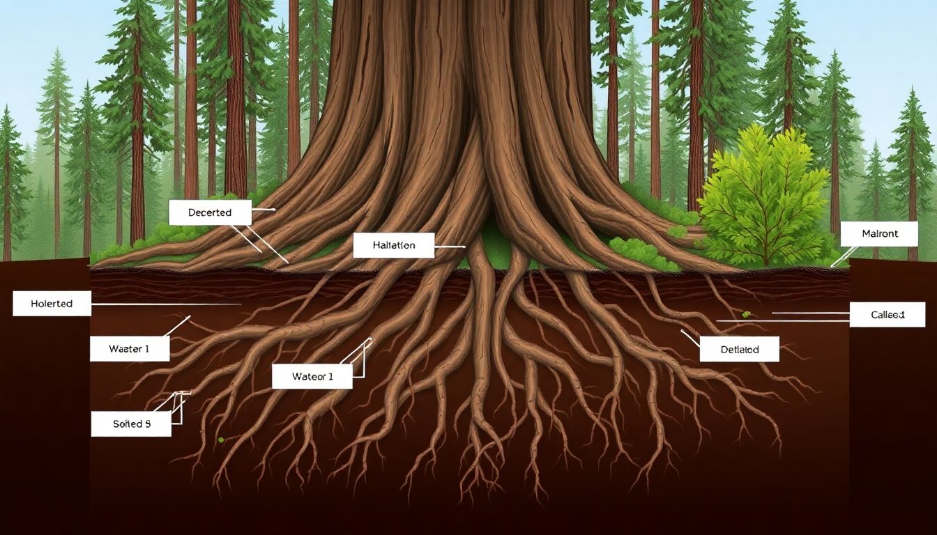 Depict a cross-section of a forest, showing the intricate root systems of various tree species. Include labels to indicate which trees are more resilient to weather events.