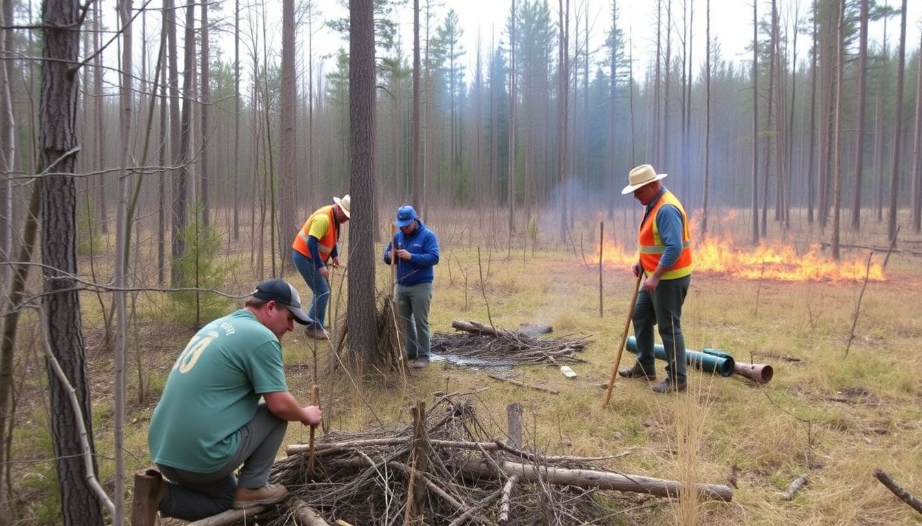 Show a team of foresters planting native trees, removing invasive species, and conducting a prescribed burn, all aimed at restoring and maintaining a healthy forest ecosystem.