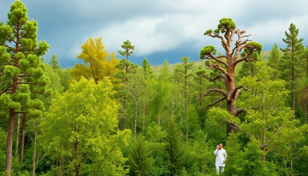 Create an image of a lush forest with various tree species, showcasing both young and old trees. In the background, depict a storm brewing, symbolizing the impending impact of catastrophic weather events. In the foreground, include a scientist studying the forest, representing the ongoing research and efforts to understand and mitigate these effects.