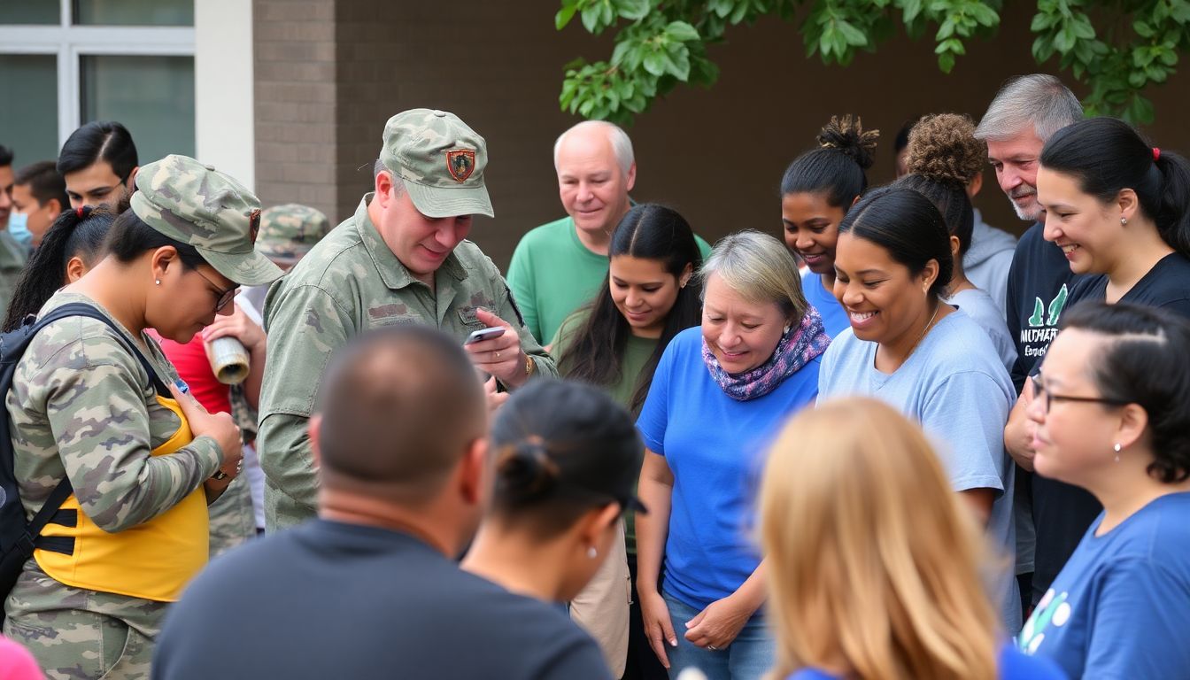 A diverse group of individuals, including military personnel and civilians, engaged in volunteering activities, with a sense of community and support.