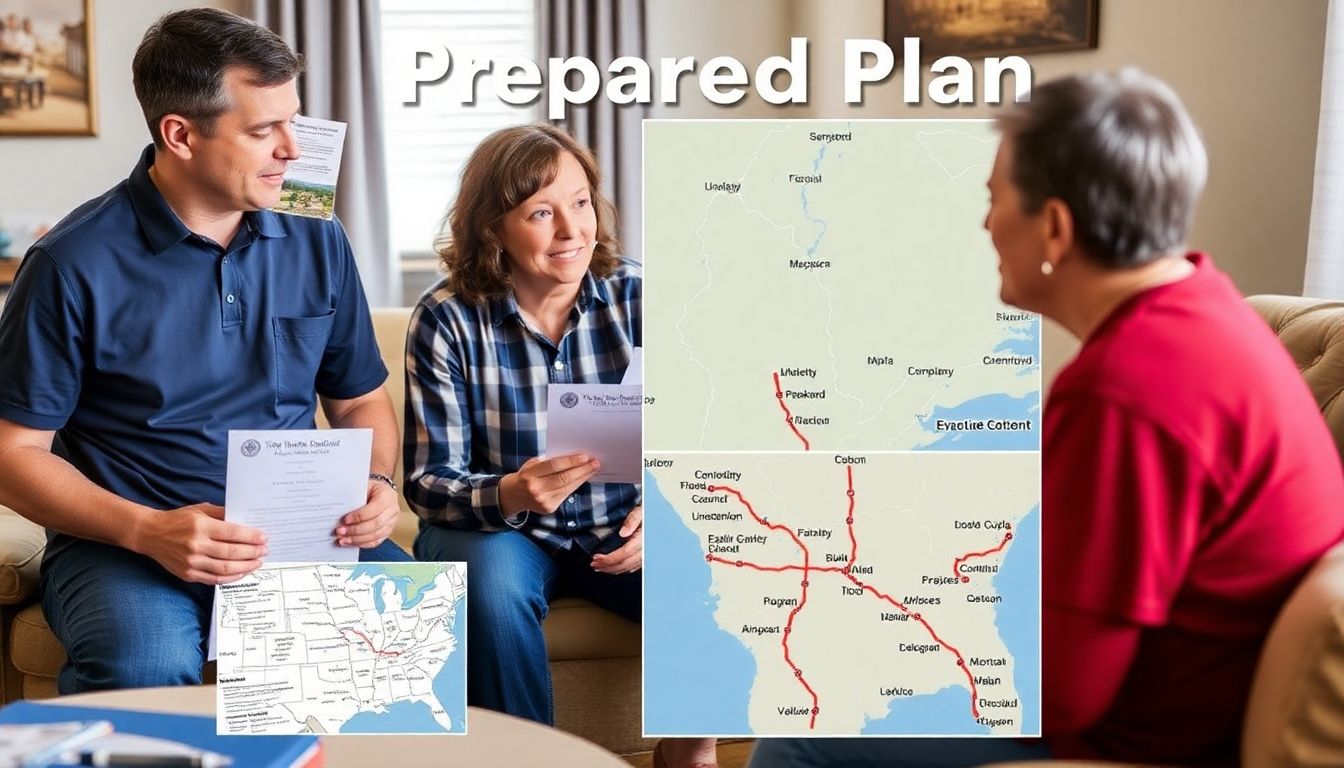 A family discussing their preparedness plan, with visuals of emergency kits, important documents, and a map highlighting evacuation routes.