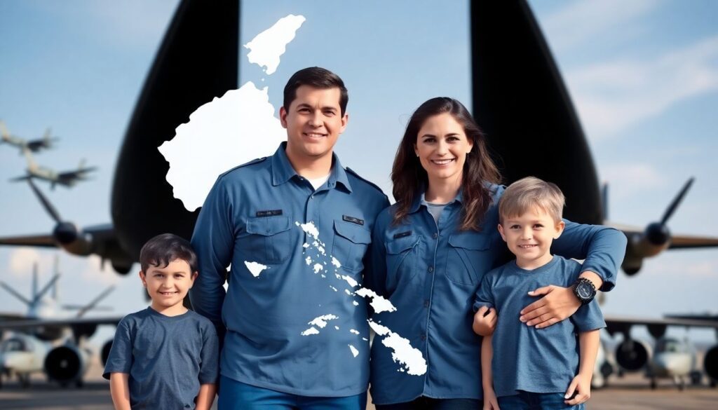 An image of an Air Force family standing together, with a backdrop of military aircraft and a map of the Pacific region, symbolizing unity and preparedness.