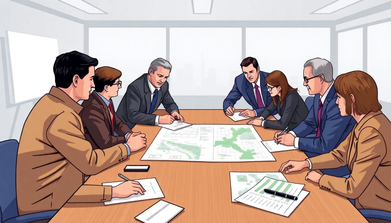 Illustrate a scene where civilian officials and private sector representatives are engaged in a tabletop exercise, with charts and plans laid out on the table.