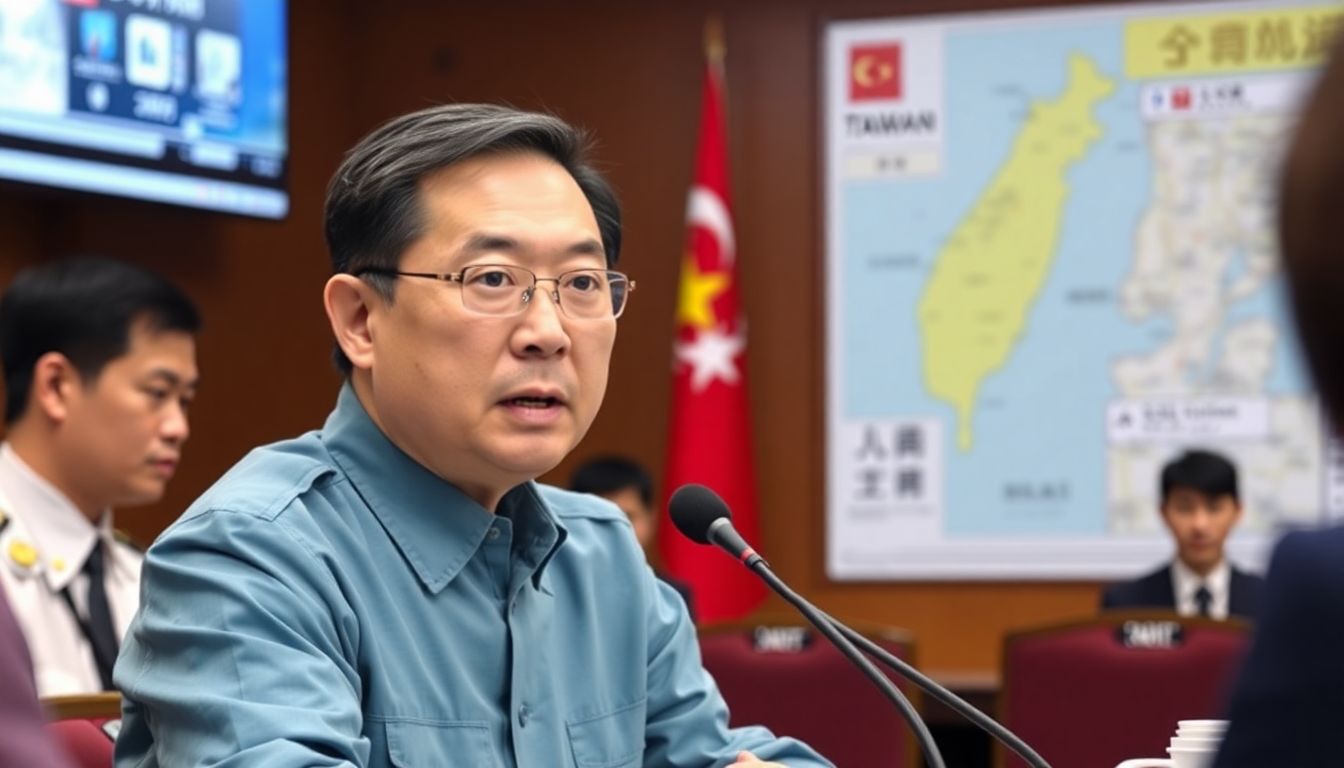 Create an image of Taiwan's leader William Lai Ching-te addressing participants at the tabletop exercise, with a map of Taiwan and potential emergency scenarios in the background.