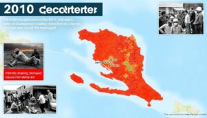 Create an image depicting the epicenter of the 2010 Haiti earthquake, with a map highlighting the intensity of shaking and the degree of damage incurred, surrounded by scenes of rescue efforts and international aid.