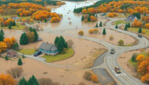 A detailed, vivid illustration showing a flooded landscape in Vermont, with homes and roads submerged in water, and rescue teams at work.