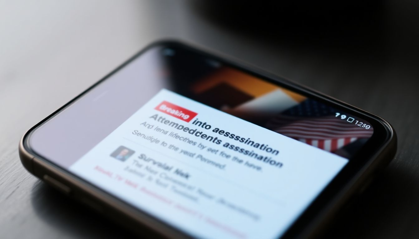 Generate an image of a news alert on a smartphone screen, showing breaking news of the attempted assassination, with notifications from concerned survivalists.