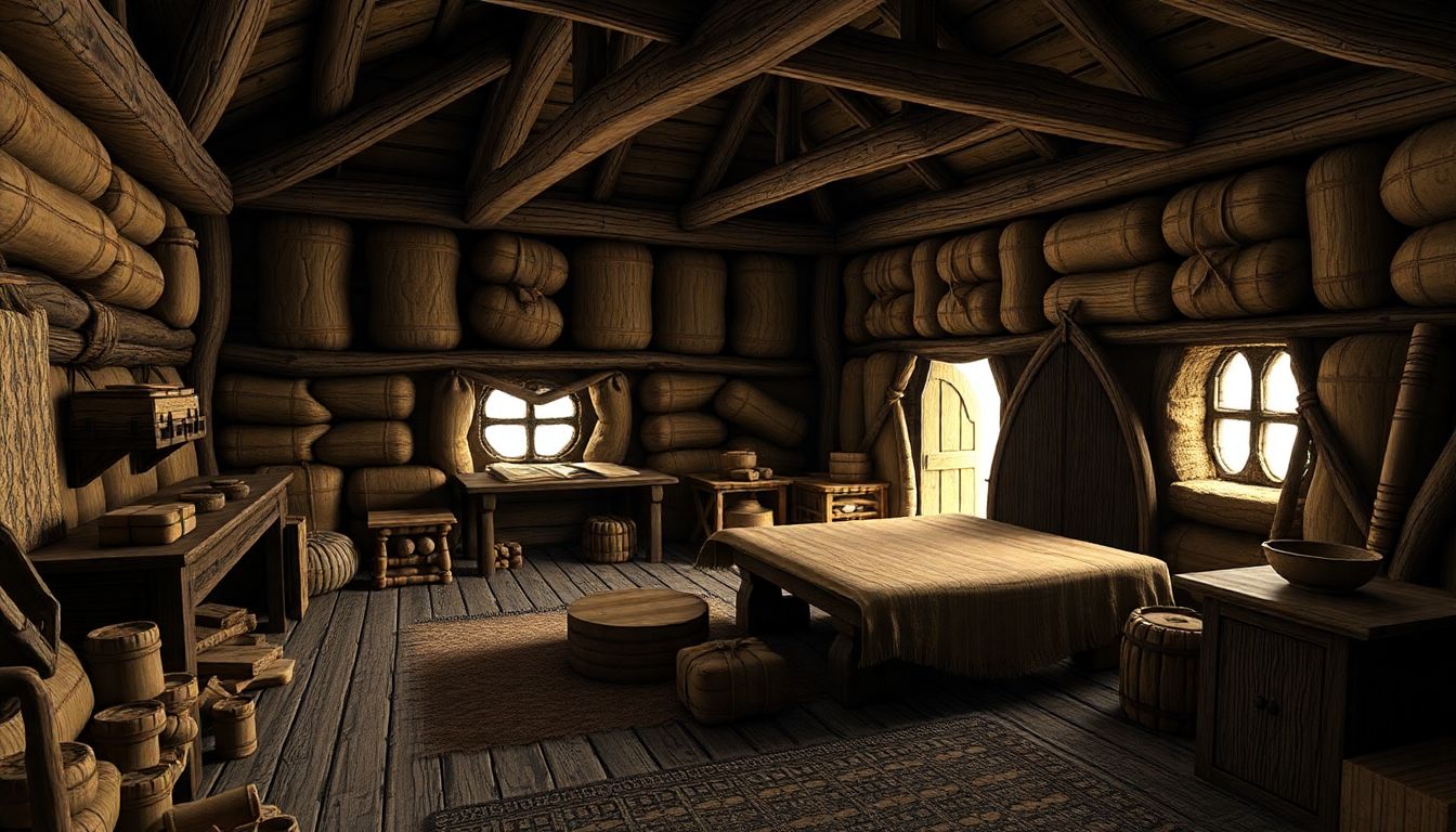 Generate an image of the interior of the Viking Lodge, showing stockpiled supplies, basic amenities, and fortified structures.