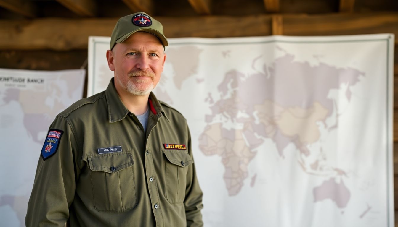 Generate an image of Drew Miller, a former Air Force intelligence officer, standing in front of a map, planning the locations of Fortitude Ranch.