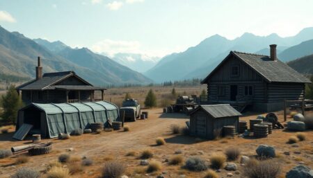 Generate an image of a rugged, remote survivalist ranch with fortified structures, surrounded by scenic mountains and equipped with essential survival supplies.