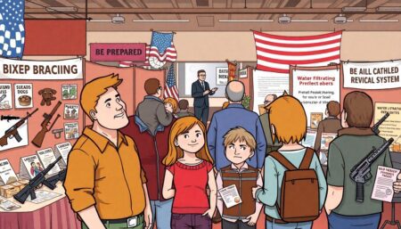 An illustration of a typical American family at the Be Prepared Expo, surrounded by booths offering seeds, guard dogs, weapons, and gold-hoarding pamphlets. In the background, a speaker gives a lecture about water filtration systems.